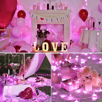 JMEXSUSS 4 Pack 50 LED Pink Battery Operated Lights, Each 16.5ft Pink String Lights Outdoor Waterproof, 8 Modes Valentine’s Lights Indoor with Timer for Bedroom Christmas Valentine’s Day Decor