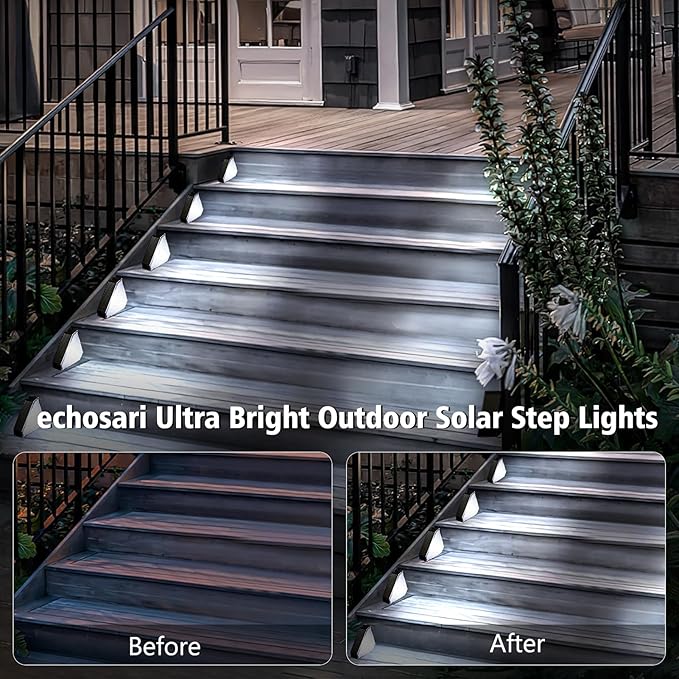 echosari 6 Pack Solar Step Lights for Outside, Ultra Bright Outdoor Stair Lights Auto ON/Off, 2835SMD LEDs Outdoor Step Lights IP68 Fully Waterproof for Yard Garden Walkways Pathway (Cool White)