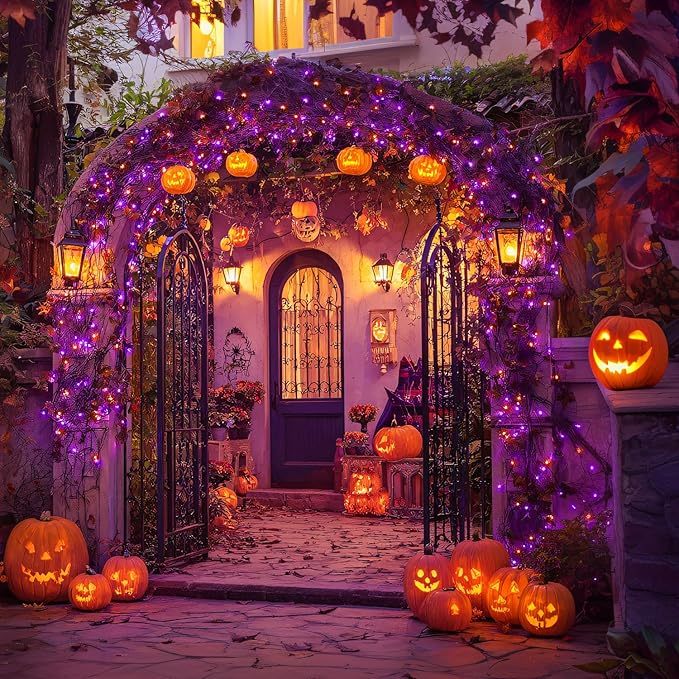 JMEXSUSS Orange and Purple Halloween Lights Battery Operated, Each 33 FT Indoor Halloween Lights Outdoor Waterproof, 2 Pack 100 LED Christmas Light for Christmas Tree Decor