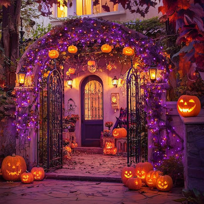 JMEXSUSS Orange and Purple Halloween Lights Battery Operated, Each 33 FT Indoor Halloween Lights Outdoor Waterproof, 2 Pack 100 LED Christmas Light for Christmas Tree Decor