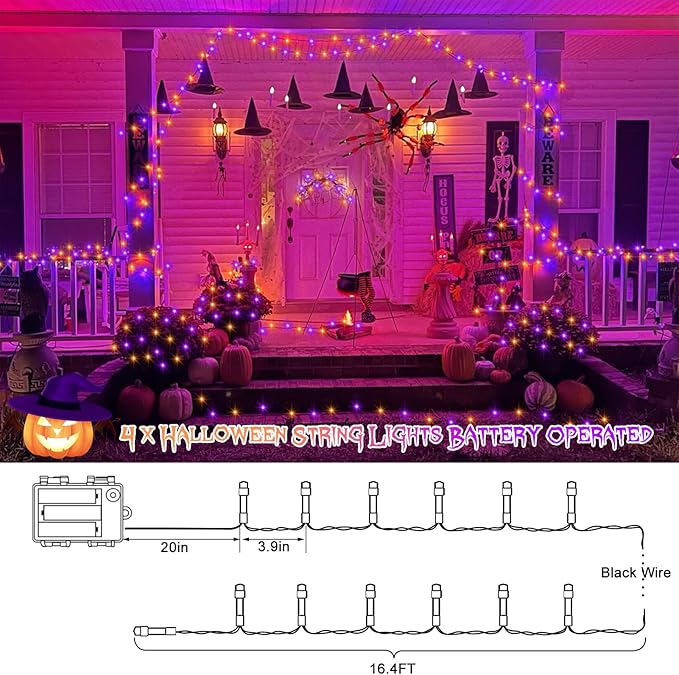 4 Pack Orange Purple Halloween String Lights Battery Operated, Each 16.4Ft 50 LED Indoor Halloween Lights with Timer 8 Modes for Party Yard Patio Decoration