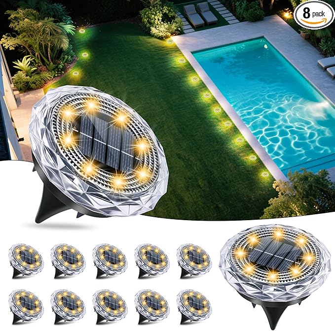 Solar Flat Disk Lights 12-Pack, Waterproof Walkway