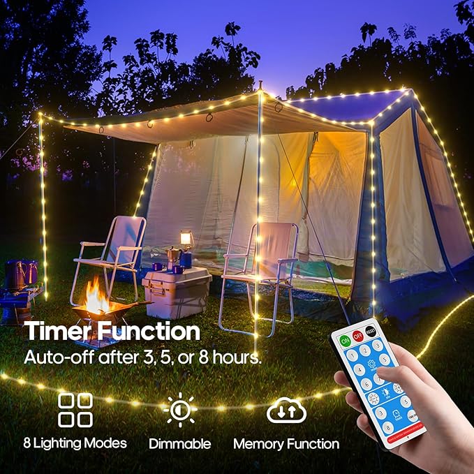 ICRGB Solar Rope Lights Outdoor, 66FT 200LED Christmas Fairy Light with Remote, IP67 Waterproof Solar String Lights, Timing & 8 Modes, Outdoor Light for Garden Patio Porch Pool, Warm White