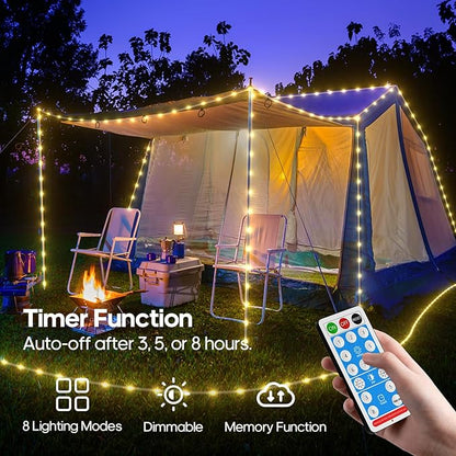 ICRGB Solar Rope Lights Outdoor, 66FT 200LED Christmas Fairy Light with Remote, IP67 Waterproof Solar String Lights, Timing & 8 Modes, Outdoor Light for Garden Patio Porch Pool, Warm White