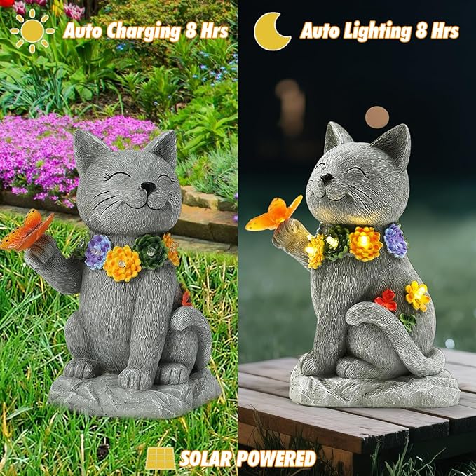 Solar Cat Garden Statue - 7 LED Lights with Flowers & Butterfly Yard Art, Lawn Porch Outdoor Decor, Gift for Mom, Grandma & Women