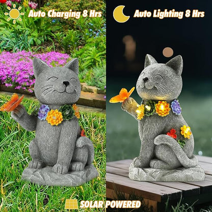 Solar Cat Garden Statue - 7 LED Lights with Flowers & Butterfly Yard Art, Lawn Porch Outdoor Decor, Gift for Mom, Grandma & Women