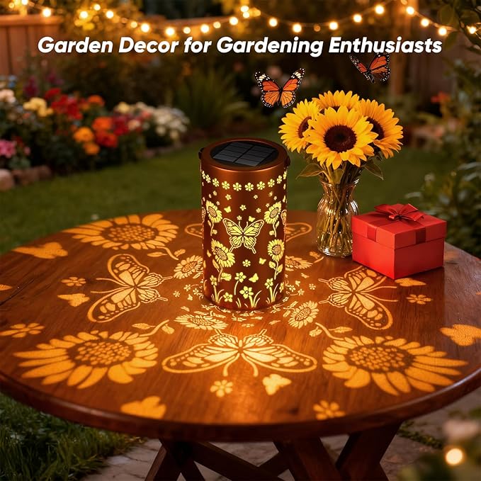 Solar Lanterns Outdoor Waterproof - Decorative Shadow Lantern with Sunflower Butterfly Pattern Design for Garden Patio Yard, Womens Gifts for Homeowners and Couples - 2 Pack