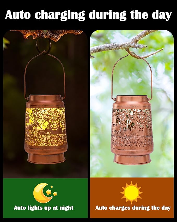 Highland Cow Gifts for Women - Metal Outdoor Solar Lights for Yard Garden Patio Lawn Balcony Waterproof Cows Lanterns Hanging Lighting Decor Mom Grandma Wife Friends New Year Birthday Gift