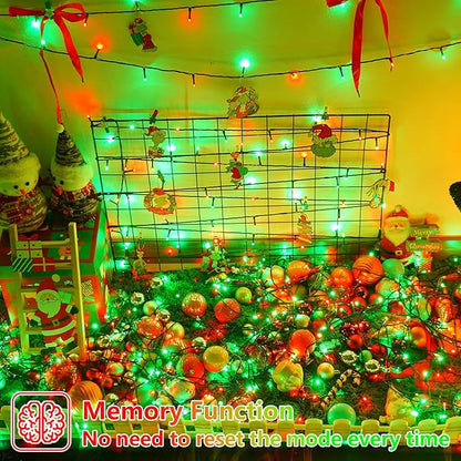 YEGUO Christmas Lights Battery Operated, 2 Pack Each 33ft 100 LED Red and Green String Lights Outdoor Waterproof, 8 Modes Green Wire Fairy Light Indoor with Remote