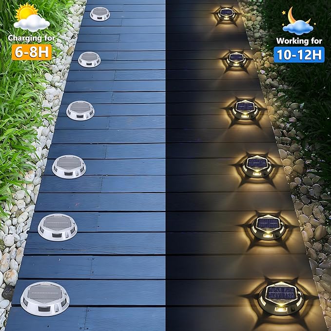 Solar Deck Light Outdoor, 6 Pack 9 Colors in 1 Solar Driveway Dock Lights, IP67 Waterproof Solar Powered Outdoor Light, RGB Step Lights for Outside Garden Yard Fence Stair Sidewalk Pathway Walkway