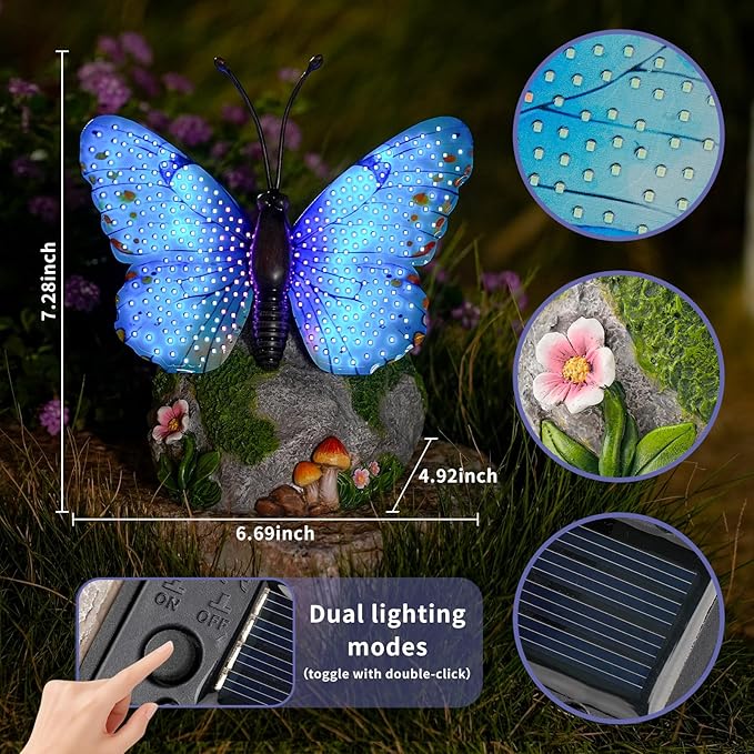 Solar Butterfly Garden Statue Weatherproof Outdoor Hand-Painted Decor Butterfly Resin Figurine Blue