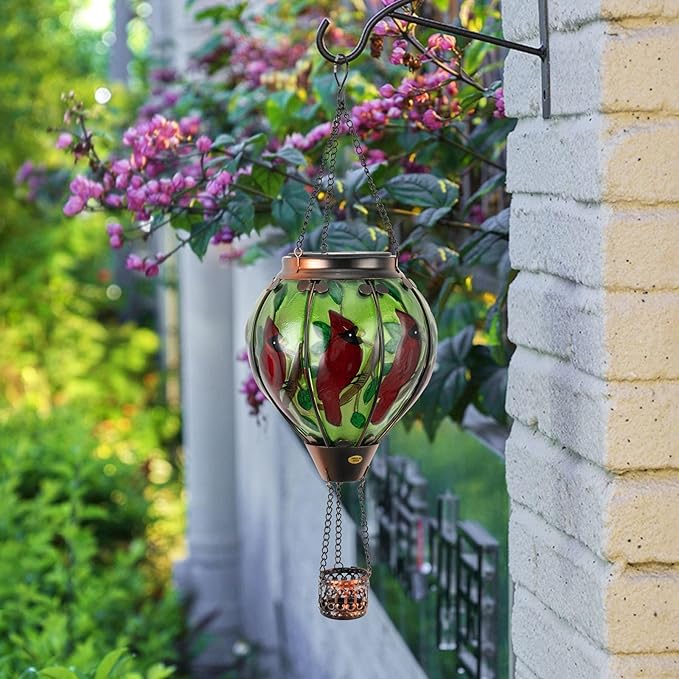 Larekook Cardinal Hot Air Balloon Solar Lantern Outdoor Waterproof,Solar Hot Air Balloon Lantern with Flame Flickering Hanging Garden Light for Patio Porch Yard Lawn,Cardinal Gifts for Women