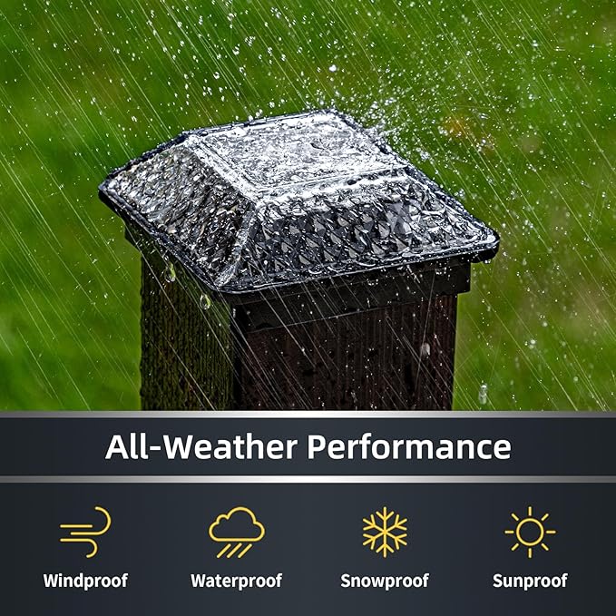 Glass Solar Post Cap Lights with Crystal Style - Decorative Deck Fence Lights for 4x4 5x5 Posts Hidden Solar Panel, Modular Design, 10Hr Runtime, IP65, Warm White, Black, 8 Pack