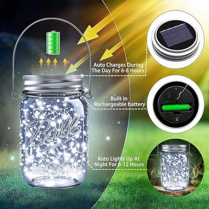 ZNYCYE Solar Mason Jar Lights, 6 Pack 30 LED Waterproof Solar Fairy Firefly Jar Lids String Lights with Hangers(NO Jars) for Outdoor Lawn Patio Garden Yard Wedding Decoration - Cool White