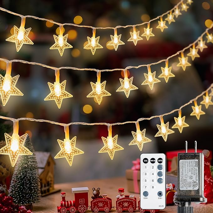39FT 100 LED Warm White Star String Lights Plug in Fairy Lights with Remote,Hanging Star Lights for Indoor Outdoor Bedroom,Classroom,Dorm,Kids Tent,Party Decor