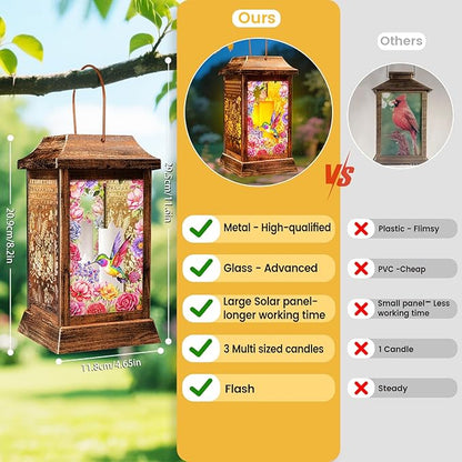 Hummingbird Solar Lanterns Outdoor Waterproof, Metal & Glass Hanging Lights Garden Decor, Birthday Gifts for Christmas Women Mom Mothers Day, Decorative Lights for Outside Yard Patio Backyard Porch