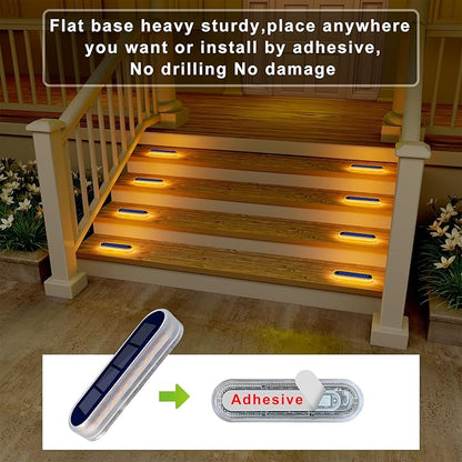 Solar Step Lights Outdoor Waterproof LED, 4 Pack Warm White Flat Solar Powered Deck Lights for Outside, Stick on Light Bar for Stair, Dock, Patio, Garden, Path, Walkway, Driveway, Porch