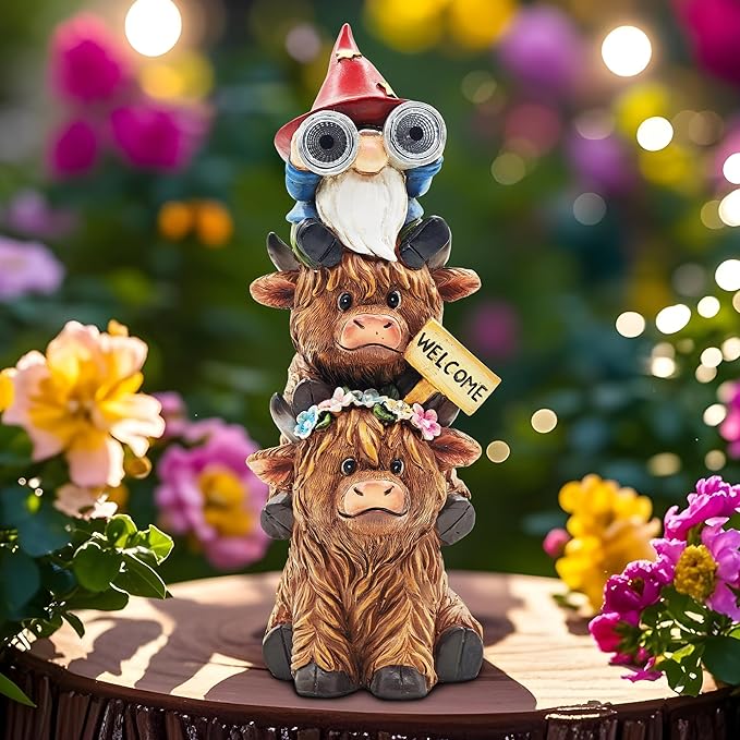 Christmas Garden Gnomes Outdoor Statue: 11'' Highland Cow Decor with Welcome Sign Funny Triple Yard Decorations with Solar Light Unique Birthday Gifts for Women Mother Grandma