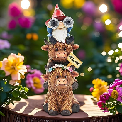 Christmas Garden Gnomes Outdoor Statue: 11'' Highland Cow Decor with Welcome Sign Funny Triple Yard Decorations with Solar Light Unique Birthday Gifts for Women Mother Grandma
