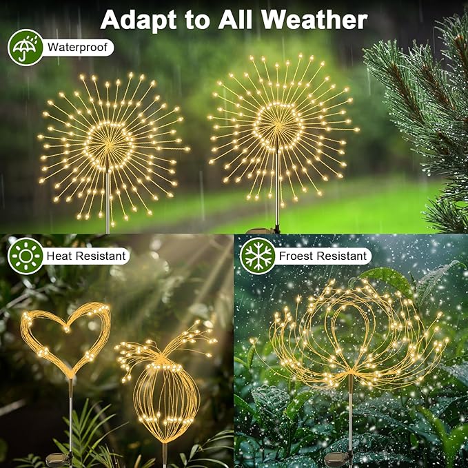 Solar Garden Lights Outdoor, 6 Pack 120 LED Twinkling Firework Lights Decorative with 2 Modes, Outdoor Waterproof Solar Starburst Light for Outside Yard Pathway Garden Decor, Warm White