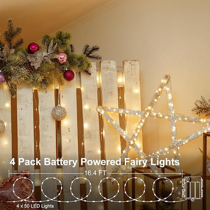 4 Pack Battery Operated Fairy Lights 16.4 Ft 50 LED Christmas Fairy Lights with Auto Timer 8 Modes, Waterproof Silver Wire Battery Twinkle Lights for Wedding Christmas Decor (Warm White)