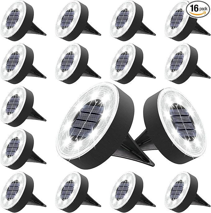 16-Pack Solar Ground Disk Lights, White Waterproof LED