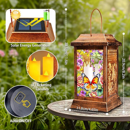 Butterfly Solar Lanterns Outdoor Waterproof, Metal & Glass Hanging Lights Garden Decor, Birthday Gifts for Women Mom Grandma Mothers Day, Decorative Lights for Outside Yard Patio Backyard Porch