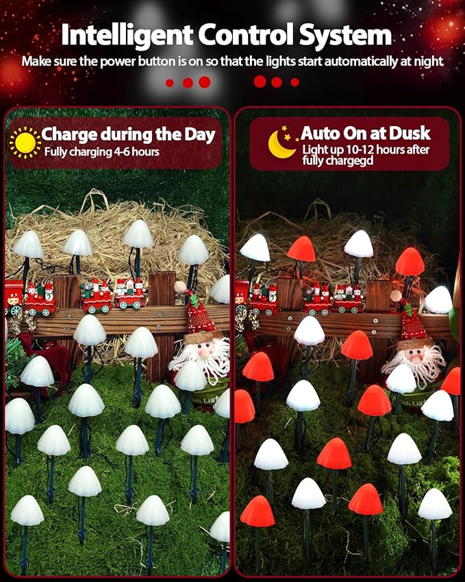 OZS 2PK 32LED 55FT Red and White Christmas Decorations Mushroom Solar Lights, Christmas Lights Outdoor with 8 Lighting Modes, Solar String Lights Waterproof for Outside Yard Party