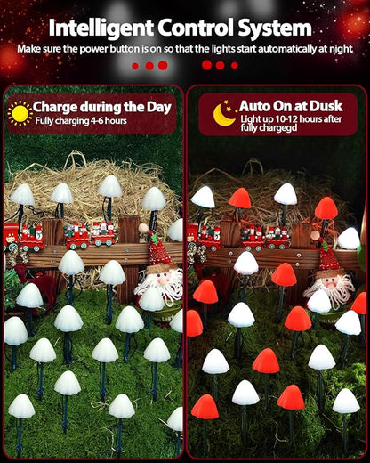 OZS 2PK 32LED 55FT Red and White Christmas Decorations Mushroom Solar Lights, Christmas Lights Outdoor with 8 Lighting Modes, Solar String Lights Waterproof for Outside Yard Party