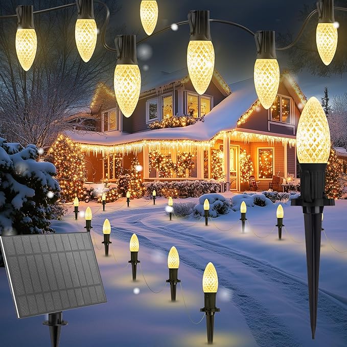 Brightown Solar C9 LED Christmas Lights Outdoor House, 50Ft 40 Faceted Bulbs, Waterproof Strawberry Light for Walkway Driveway Sidewalk Decorations Outside, Warm White