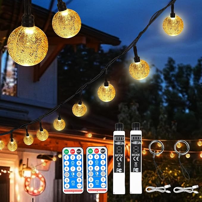 SMY Lighting 22FT*2 Rechargeable Battery Operated 50 LED Crystal Globe String Lights Outdoor/Indoor,Patio Hanging Lights with Remote Timer,Waterproof 8 Lighting Modes for Camping Garden Christmas