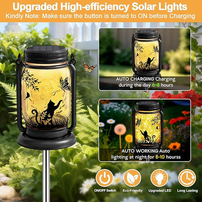 Cat Solar Lanterns, Outdoor Hanging Solar Lantern with Stake, Birthday Gifts for Mom, Grandma, Women Cat Lovers, Black Cat Butterfly Mason Jar Waterproof Lights for Yard Lawn Garden Decor