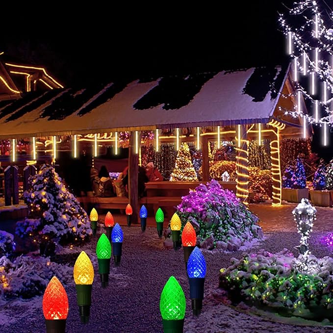 Solar Christmas Pathway Lights, 20 LED C9 String Lights with 20 Stakes, 23FT Solar Powered Multicolored Decorations for Roof, Yard, Patio, Walkway, Driveway