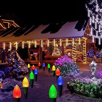 Solar Christmas Pathway Lights, 20 LED C9 String Lights with 20 Stakes, 23FT Solar Powered Multicolored Decorations for Roof, Yard, Patio, Walkway, Driveway