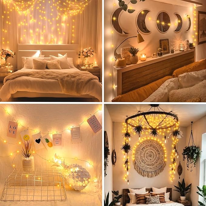 2 Pack Fairy Lights Battery Operated, 200 LED 66Ft Silver Wire Twinkle String Light 8 Modes Auto Timer Mini Christmas Fairy Lights for Bedroom Wedding Decor (Warm White)