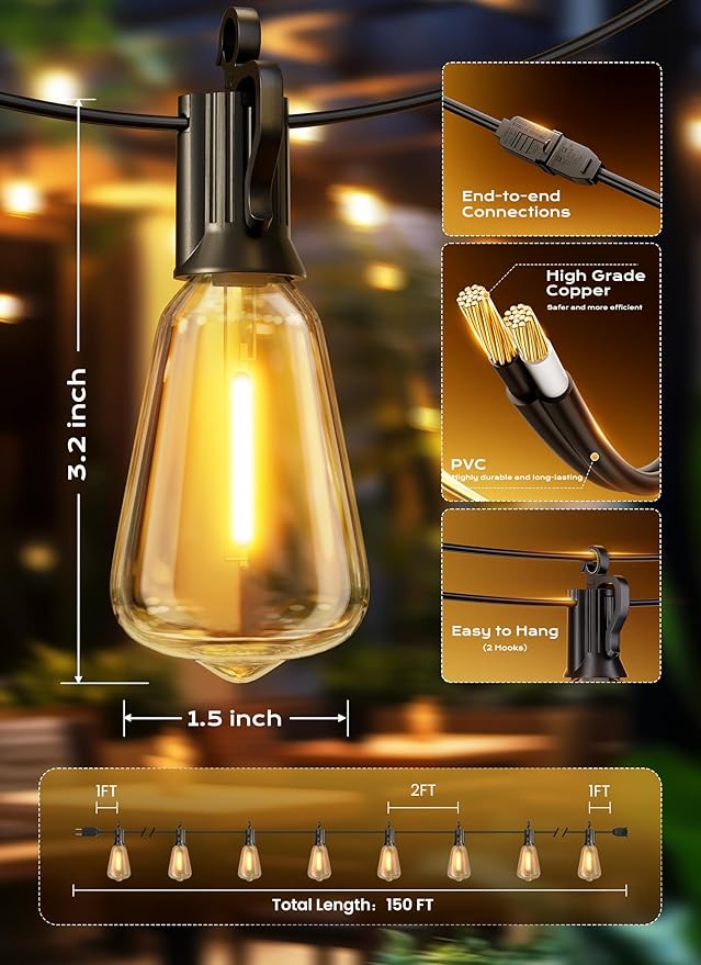 Brightown Outdoor String Lights, 150ft 77 ST38 Shatterproof LED Patio Lights, Dimmable IP65 Waterproof