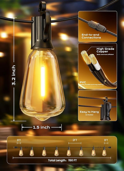 Brightown Outdoor String Lights, 150ft 77 ST38 Shatterproof LED Patio Lights, Dimmable IP65 Waterproof