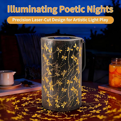 Outdoor Solar Garden Lights: Solar-Powered Yard Patio Hanging Decoration Lanterns with Handle, Outside Waterproof Decorative Lamps with Dynamic Dragonfly Pattern(Dragonfly)