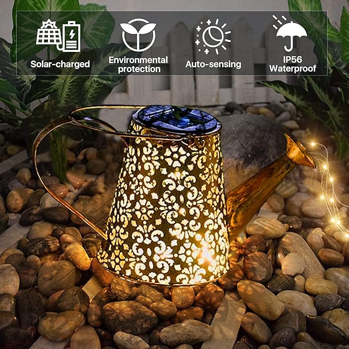 Solar Watering Can Garden Lights - Solar Lights Outdoor Garden Ornaments Waterproof Large Yard Statues Retro Copper Decorations for Home Patio with 35" Shepherd Hook