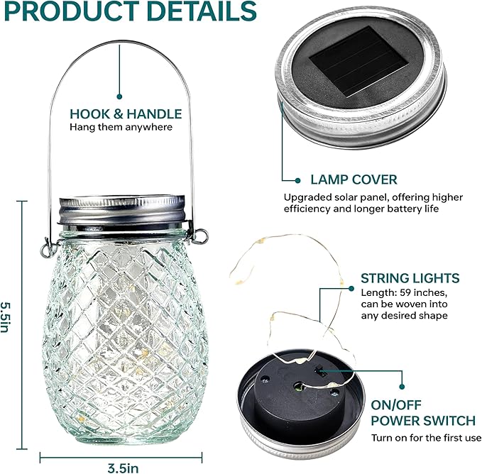 Dream Master 30 LED Hanging Solar Fairy Lights, Jars & Hangers Included, 6 Pack Waterproof Glass Mason Jar Lights Solar Powered, Ideal Outdoor Decor for Garden Patios, Yards, and Lawns, Warm White