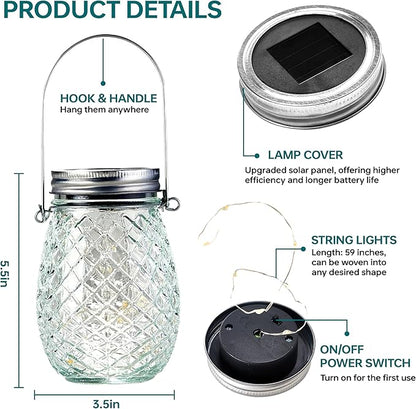 Dream Master 30 LED Hanging Solar Fairy Lights, Jars & Hangers Included, 6 Pack Waterproof Glass Mason Jar Lights Solar Powered, Ideal Outdoor Decor for Garden Patios, Yards, and Lawns, Warm White