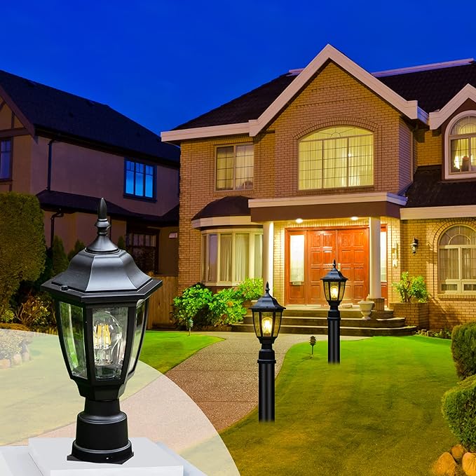 FUDESY Outdoor Post Lights, Electric Exterior Lamp Post Light Fixture with Pier Mount Base, LED Bulb Included, Anti Corrosion Black Plastic Materials, Pole Lanterns for Garden, Patio, Pathway