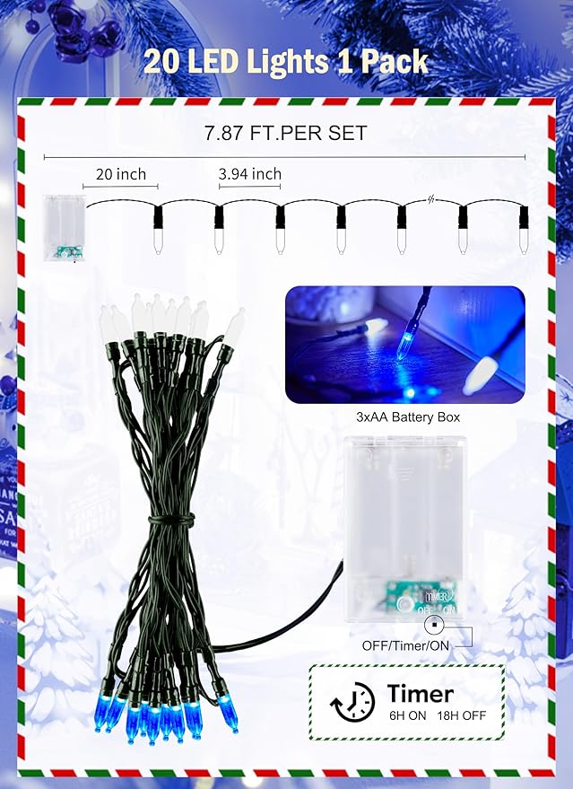 8ft Christmas LED String Lights, Waterproof Timer Lights