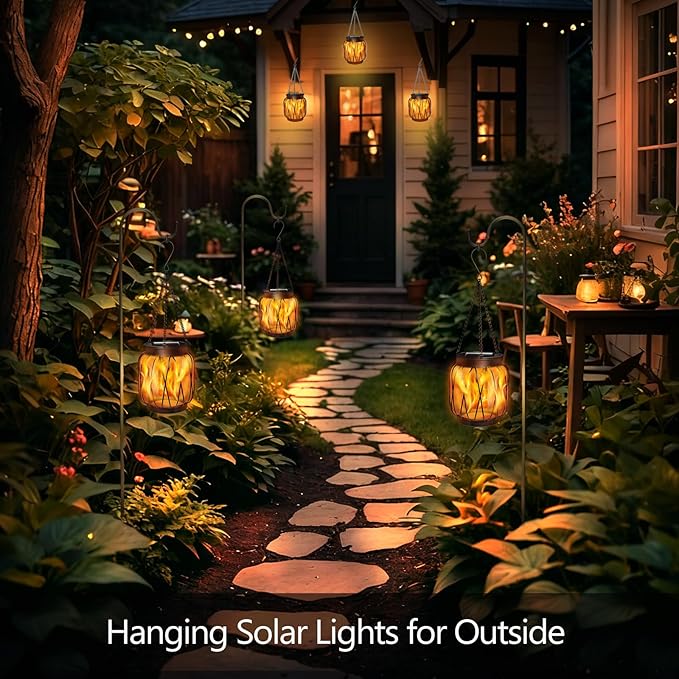 Solar Hanging Lantern Lights Outdoor Waterproof, 4 Pack Solar Flame Lantern with Hook, Metal Hanging Lanterns for Outside, Led Porch Lanterns for Patio Tree Camping Garden Decorative Lights