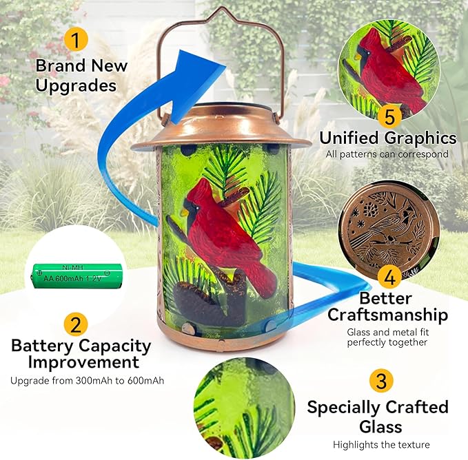 10" H Cardinal Solar Lanterns Outdoor, Metal Glass Hanging Solar Lanterns with Hollow Out Retro Cardinal Lights, Decorative for Garden Yard Patio Pathway Tabletop Gifts