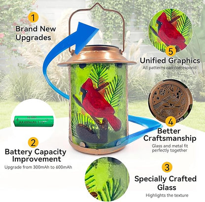 10" H Cardinal Solar Lanterns Outdoor, Metal Glass Hanging Solar Lanterns with Hollow Out Retro Cardinal Lights, Decorative for Garden Yard Patio Pathway Tabletop Gifts