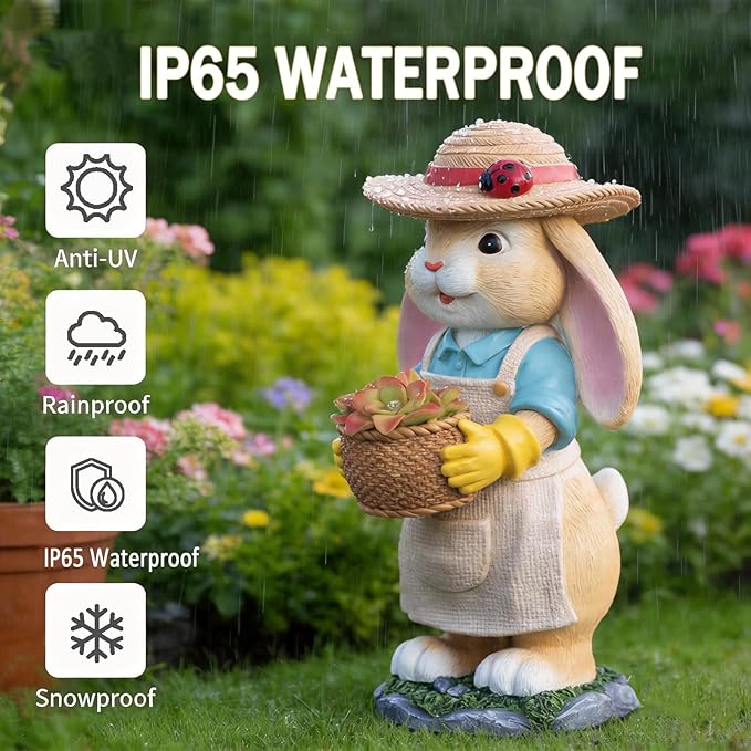 11" Rabbit Solar Garden Decor Bunny Outdoor Statue with Light Gift Idea Light Decorations for Yard Garden Patio Mom Gift