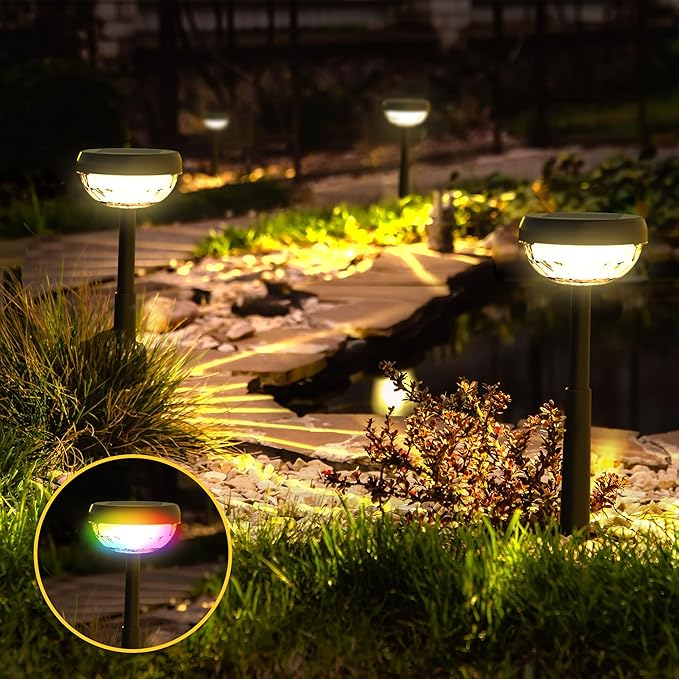 Ensenior Solar Pathway Lights IP65 Waterproof, RGB Color Changing & 3000K Warm White, 8-16Hr Runtime, Flower Pattern Garden Lights for Walkway Porch Yard - 10 Pack