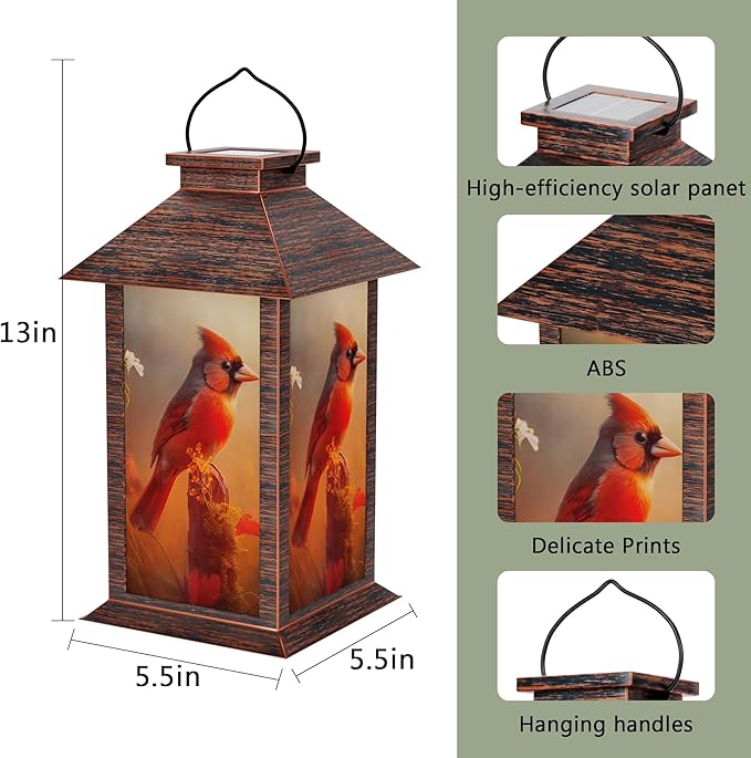 Solar Lanterns Outdoor, Waterproof Cardinal Garden Hanging Lanterns with LED Flickering Flameless Candles, Lantern Decor Christmas Gifts for Women Mom Grandma