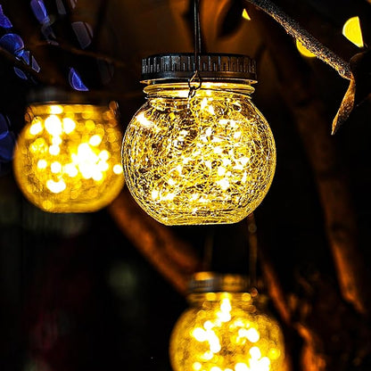 Cooo 6 Pack Crackle Glass Solar Lantern with 30 LED Firefly Lights– Waterproof Outdoor Hanging Lamp 215% Larger Solar Panel, Anti-Rust Lids Decorative Lighting for Garden Patio Christmas Decorations